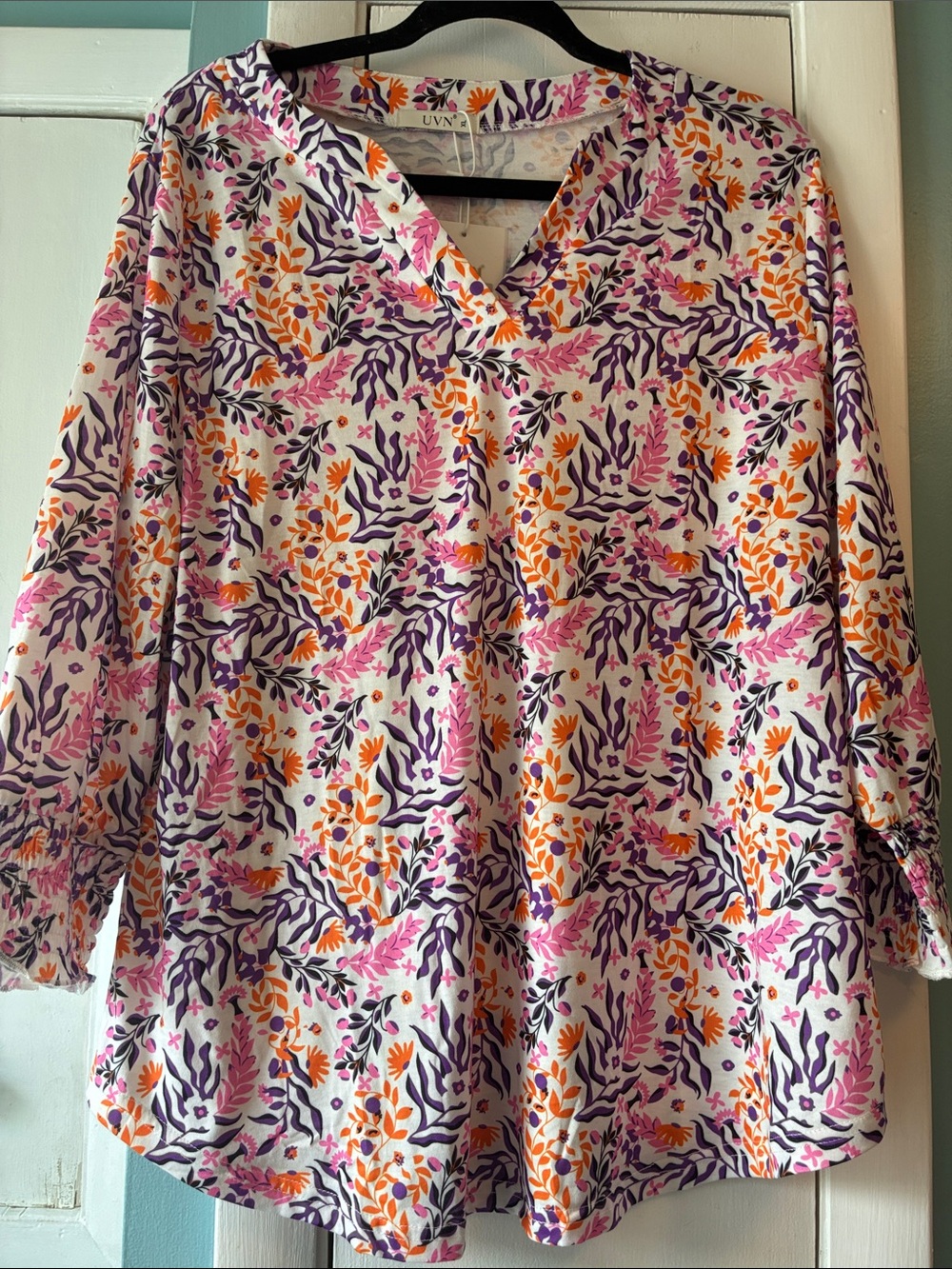 Floral V-Neck Blouse in Pink, Purple & Orange